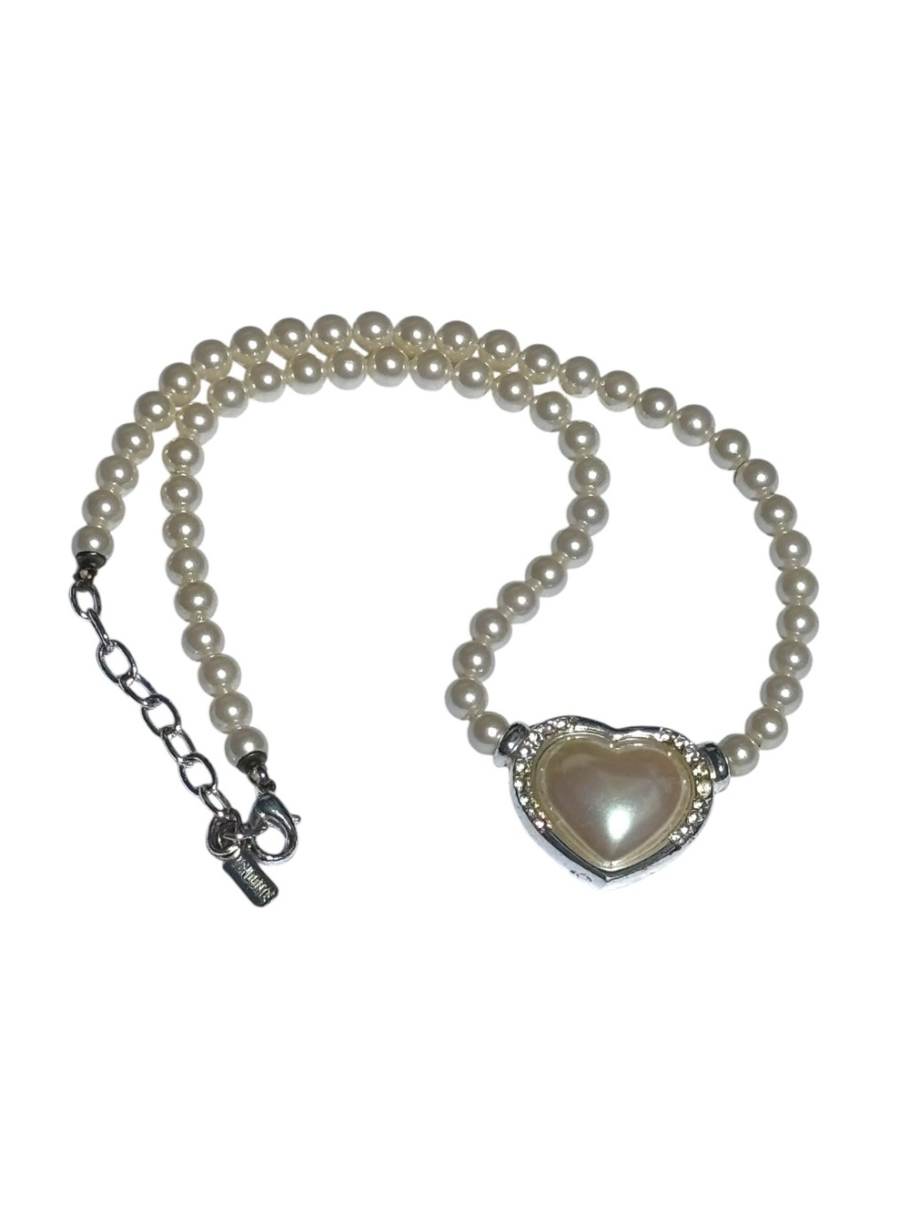 Vendome Vintage Signed 60s Faux Pearl Necklace Rhinestone Pave Heart Pendant